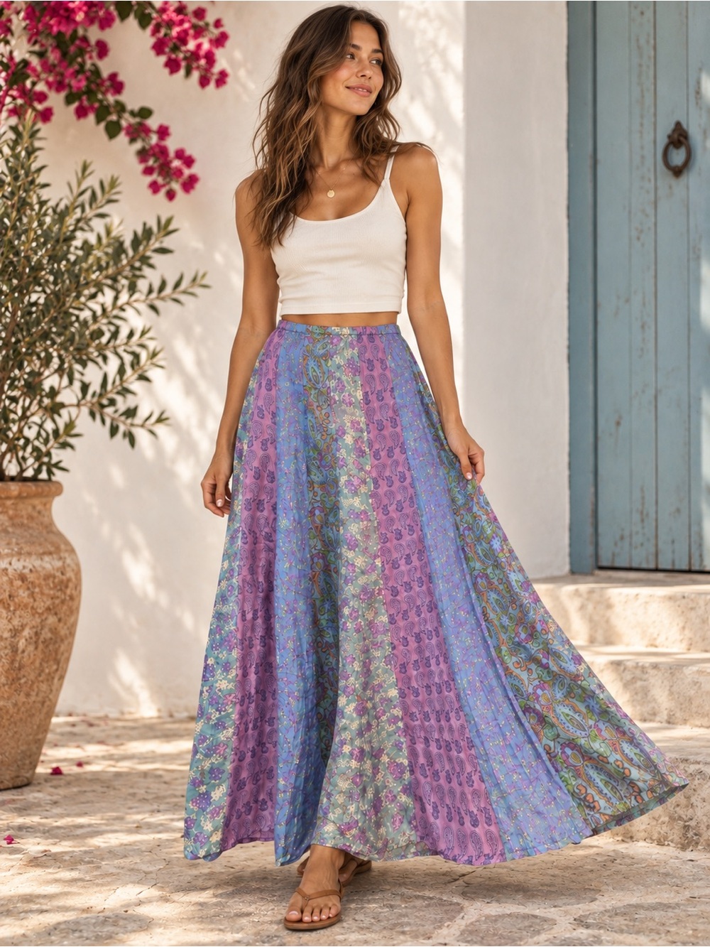 Garnet Hill 100% Silk Paisley Floral Patchwork Maxi Skirt Sz 8 Boho Festival